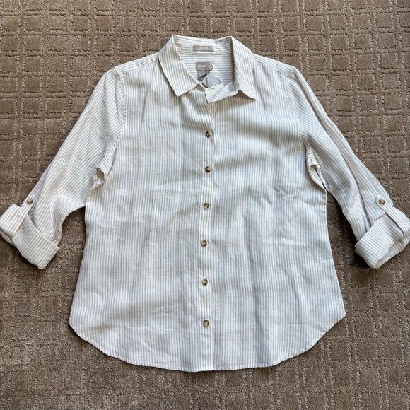 Chico's 100% Linen Button Down Shirt Women's 0 / US 4-6 Stripe Roll Sleeve NWT - Picture 1 of 8